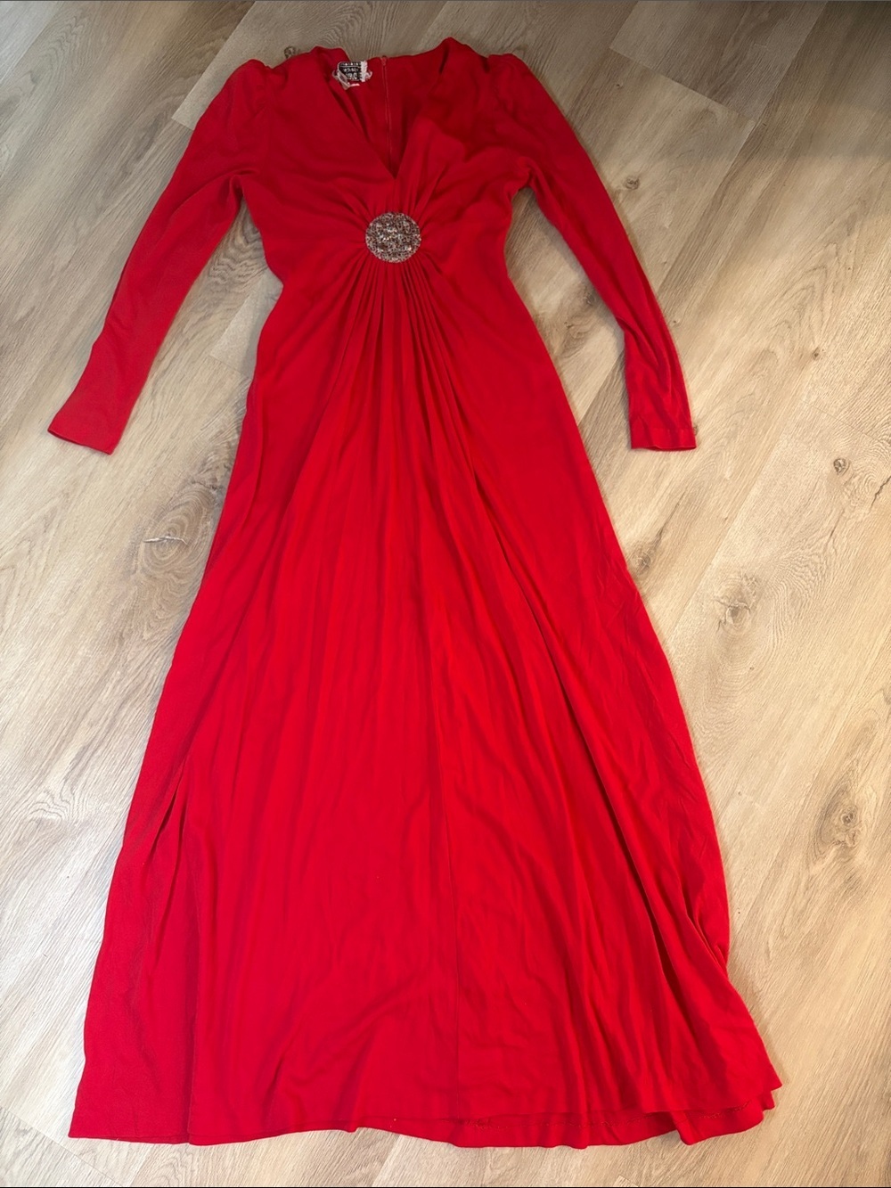 Corky Craig California Red Maxi Dress Goddess Disco Rhinestone Brooch Metal zip